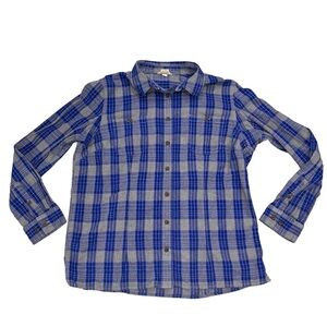 Duluth Trading Company Blue Plaid Flannel Swinging Free Long Sleeve Shirt Top M